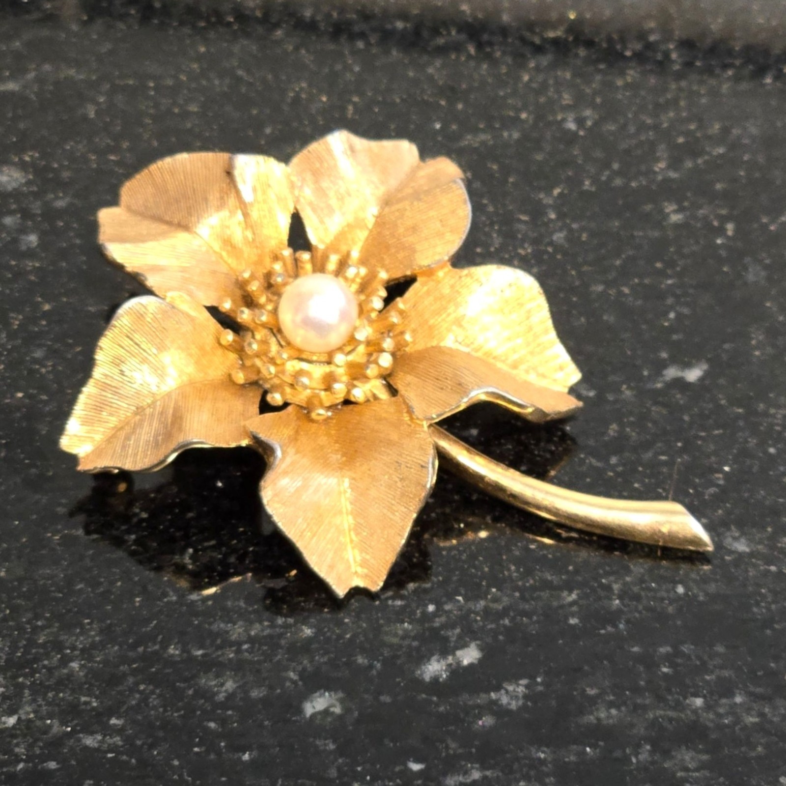 Vintage MARCEL BOUCHER Brooch with Pearl Gold Tone Flower 1960s Jewelry signed