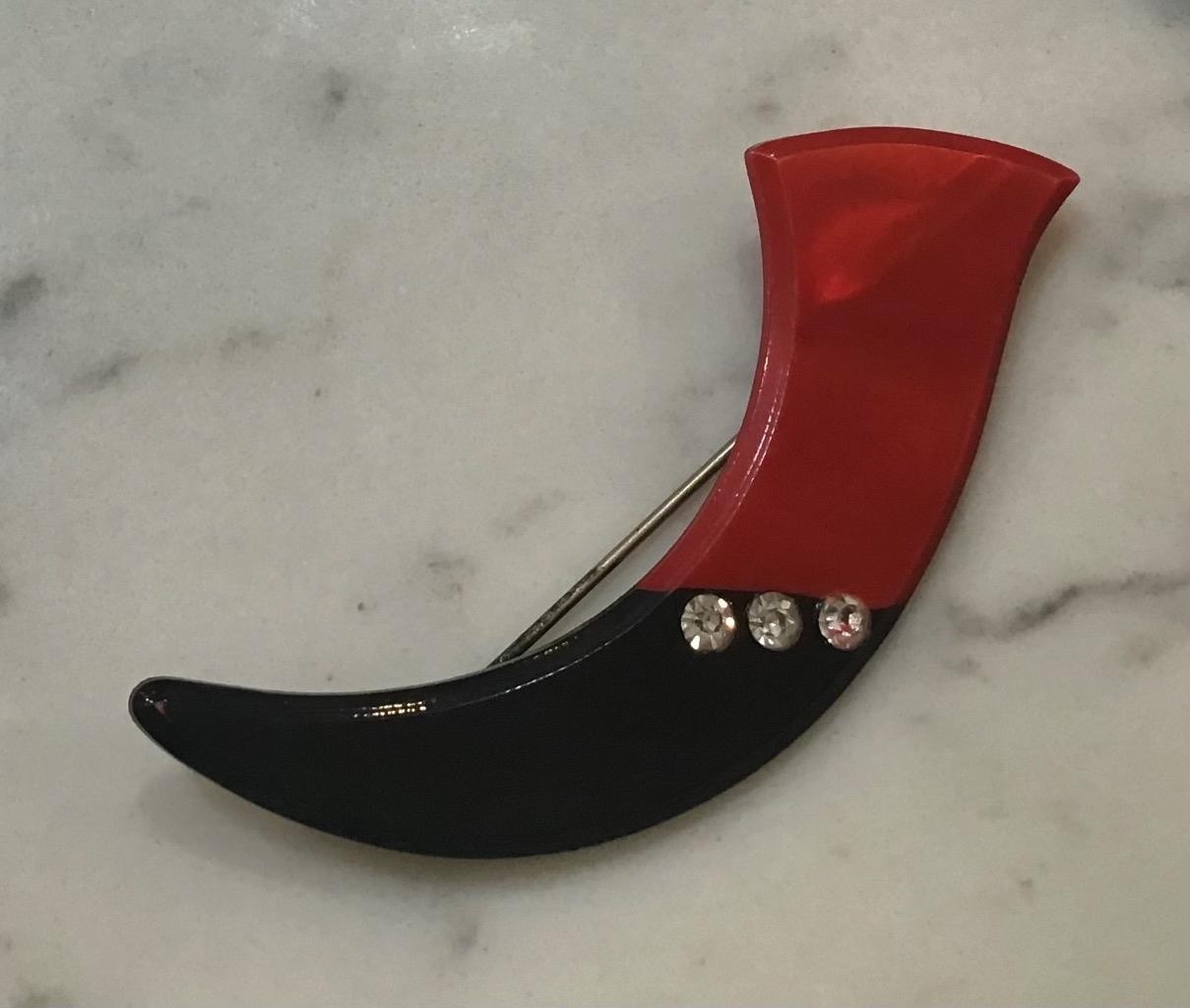 Vintage Art Deco Red/Black Celluloid & Rhinestones 3” Lapel or Hat Pin or Brooch