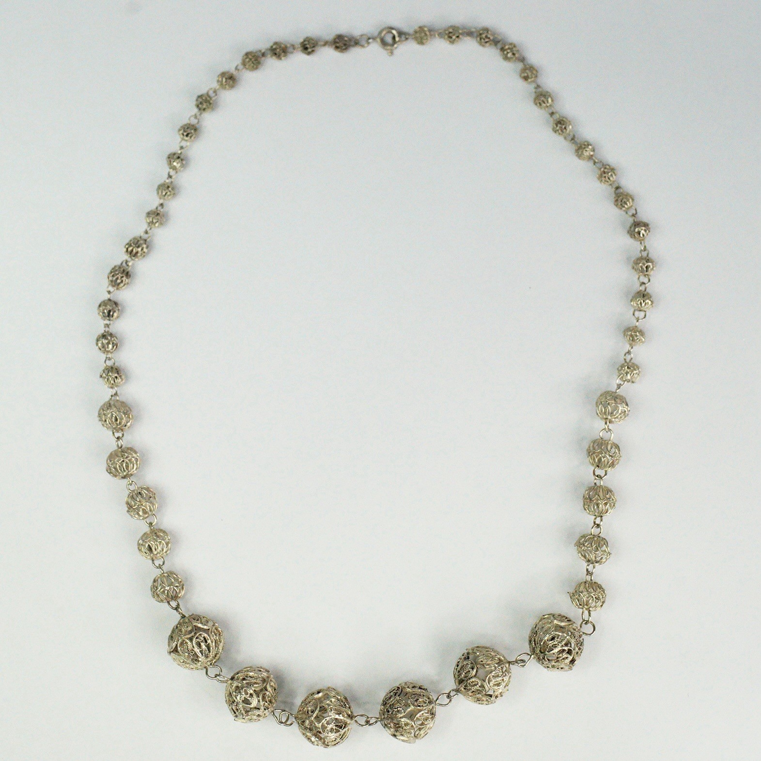 Vtg Sterling Silver Filigree Cannetille Graduated Ball Bead Necklace 19” 17.97 g
