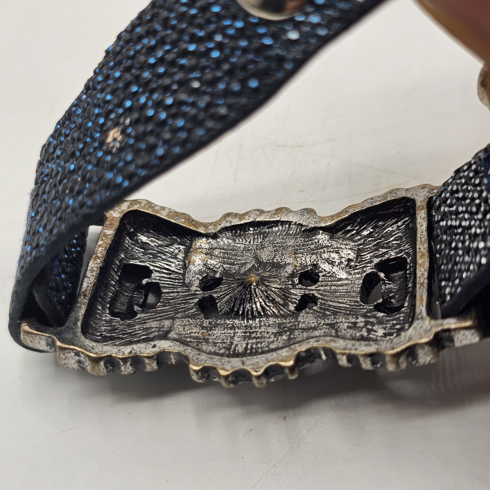 Vintage Yik Fung Leather Rhinestone Bracelet Blue & Silver