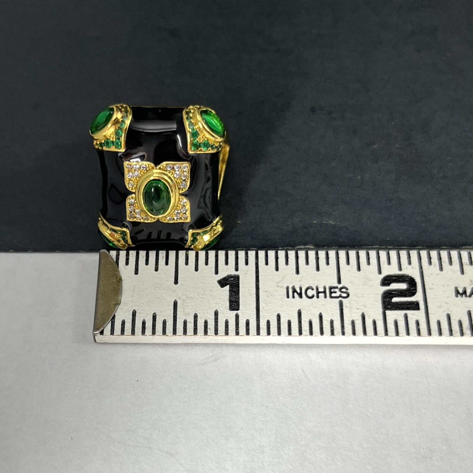 Gripoix Glass Cocktail Ring Gold Tone Black Enamel Green Cabochon Adjustable 6-9