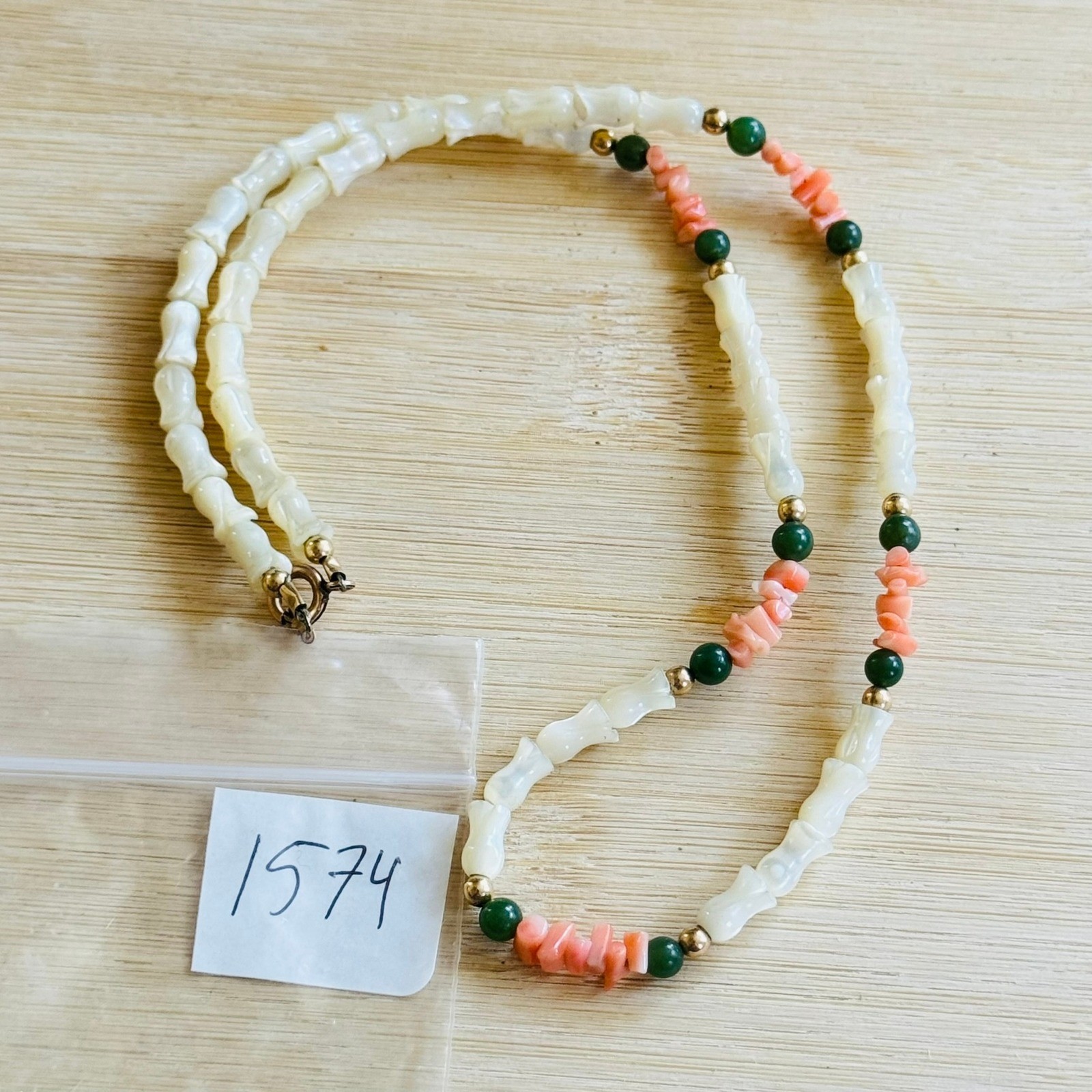 VTG Floral Coral Necklace Mother Of Pearl Jade Genuine Beads Carved Gold Filled