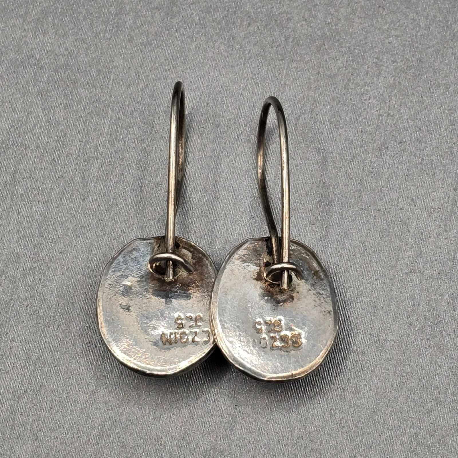 Vintage Sezgin Sterling Silver Blue Cats Eye Drop Earrings Modernist Dangle