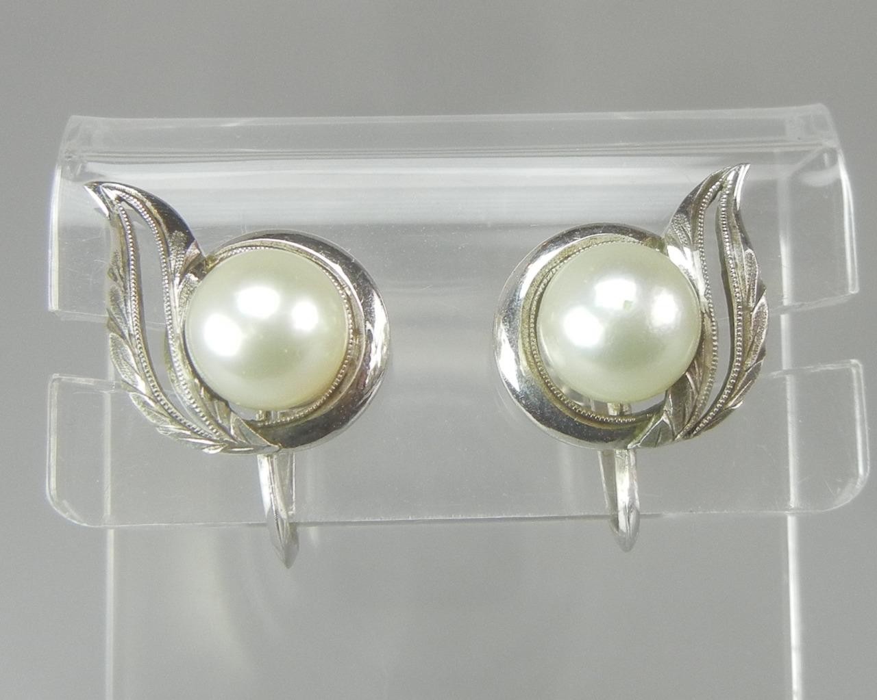 Mikimoto Silver Earrings Cultured Akoya 8MM Pearls Screwback Signed