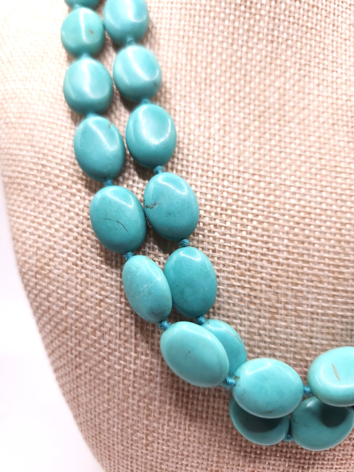 Double Strand Turquoise Necklace Sterling 925 Silver Clasp Oval Beads Light Blue
