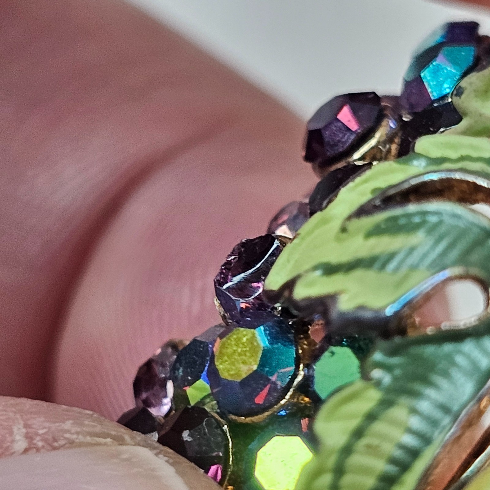 Grape Cluster Scatter Brooch Purple AB Rhinestones Green Leaves Unmarked Pin