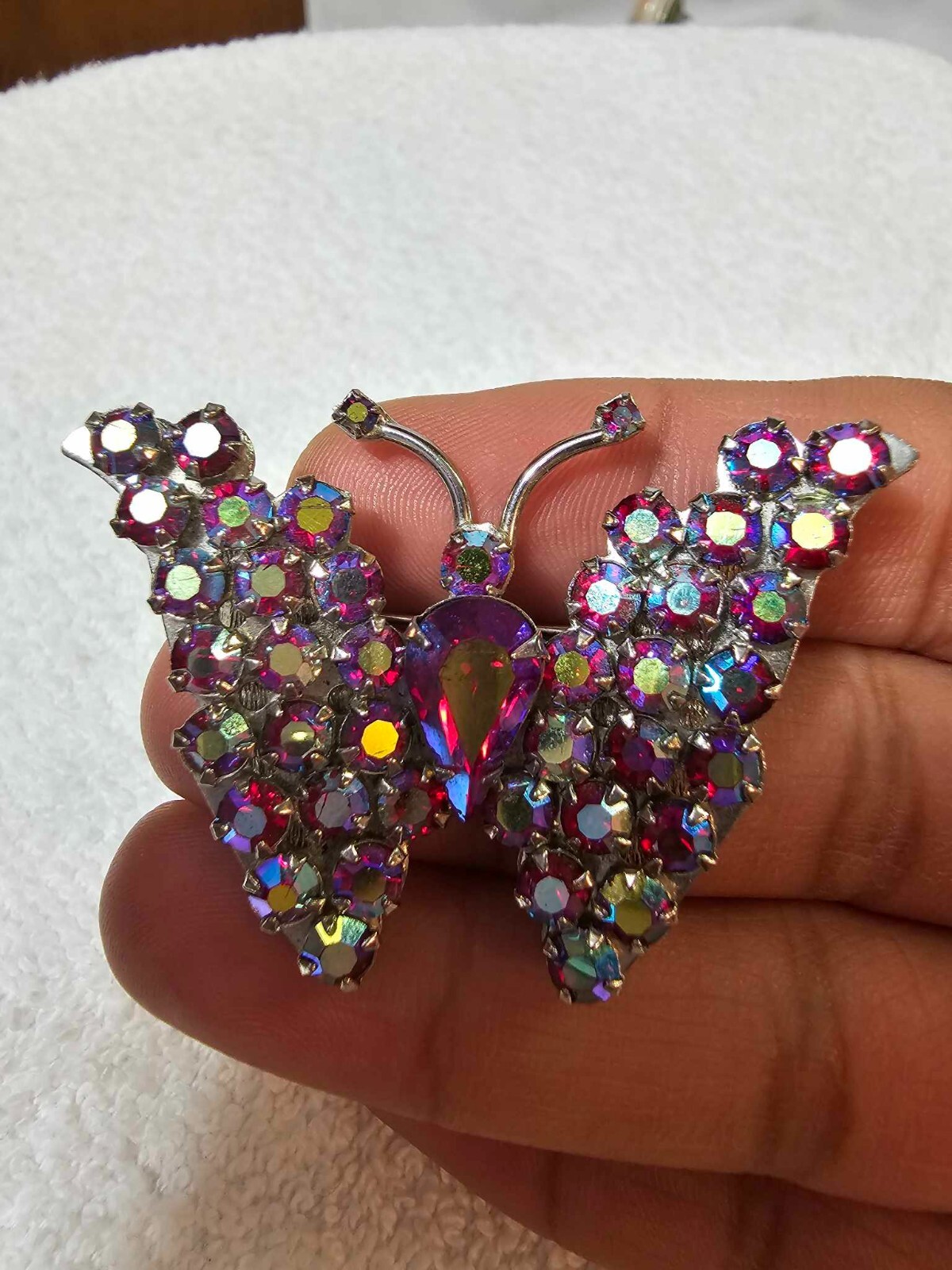 RARE Vtg Warner Brooch Pin Silvertone Butterfly w/ AB Fuchsia Red- Sparkling