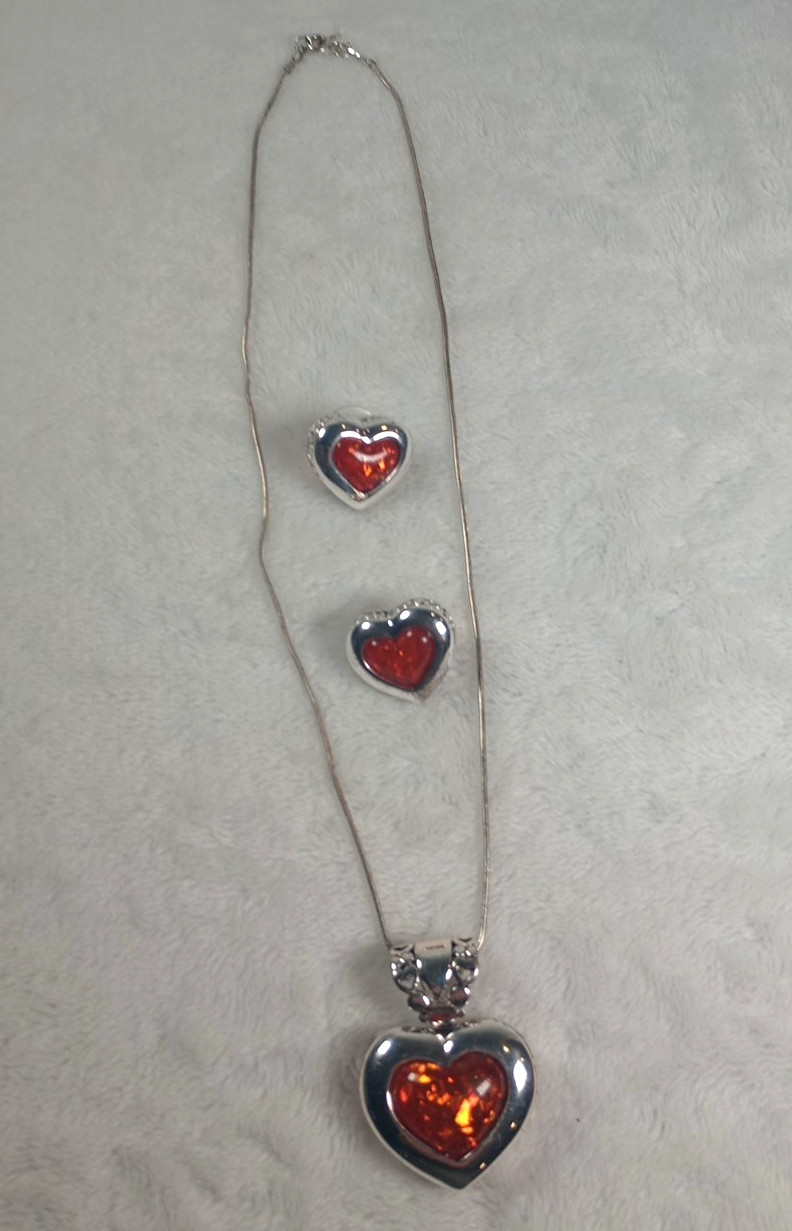 Vintage Silver Tone Amber Heart Necklace Earrings Set Romantic Valentine