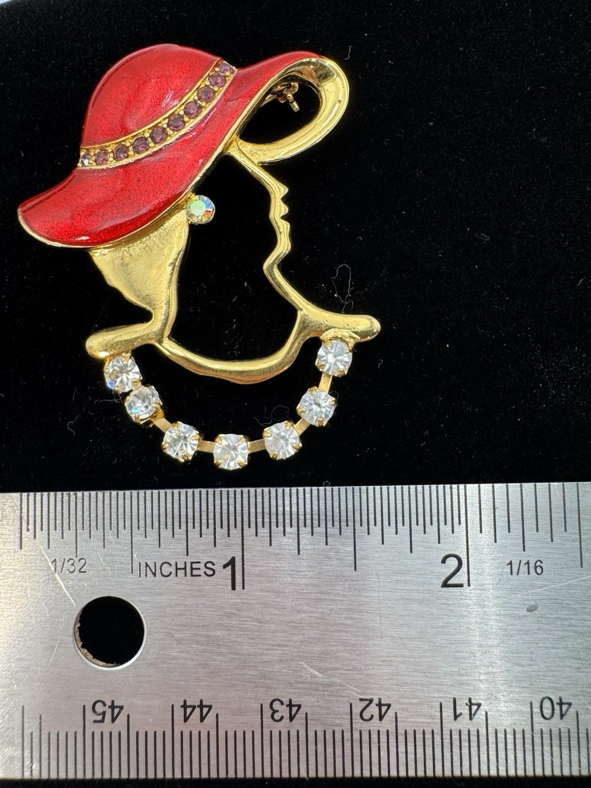 Gold Tone Lady Red Hat Enamel Pin And Gold Tone Faux Pearl Brooch Lot of 2