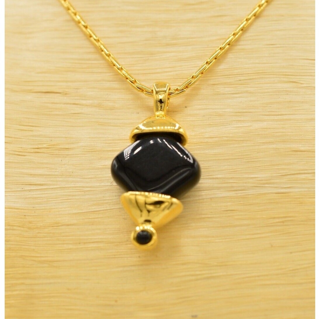 Vintage Cabochon Pendant Collar Necklace Gold Chain Black Beaded 1980s BinE