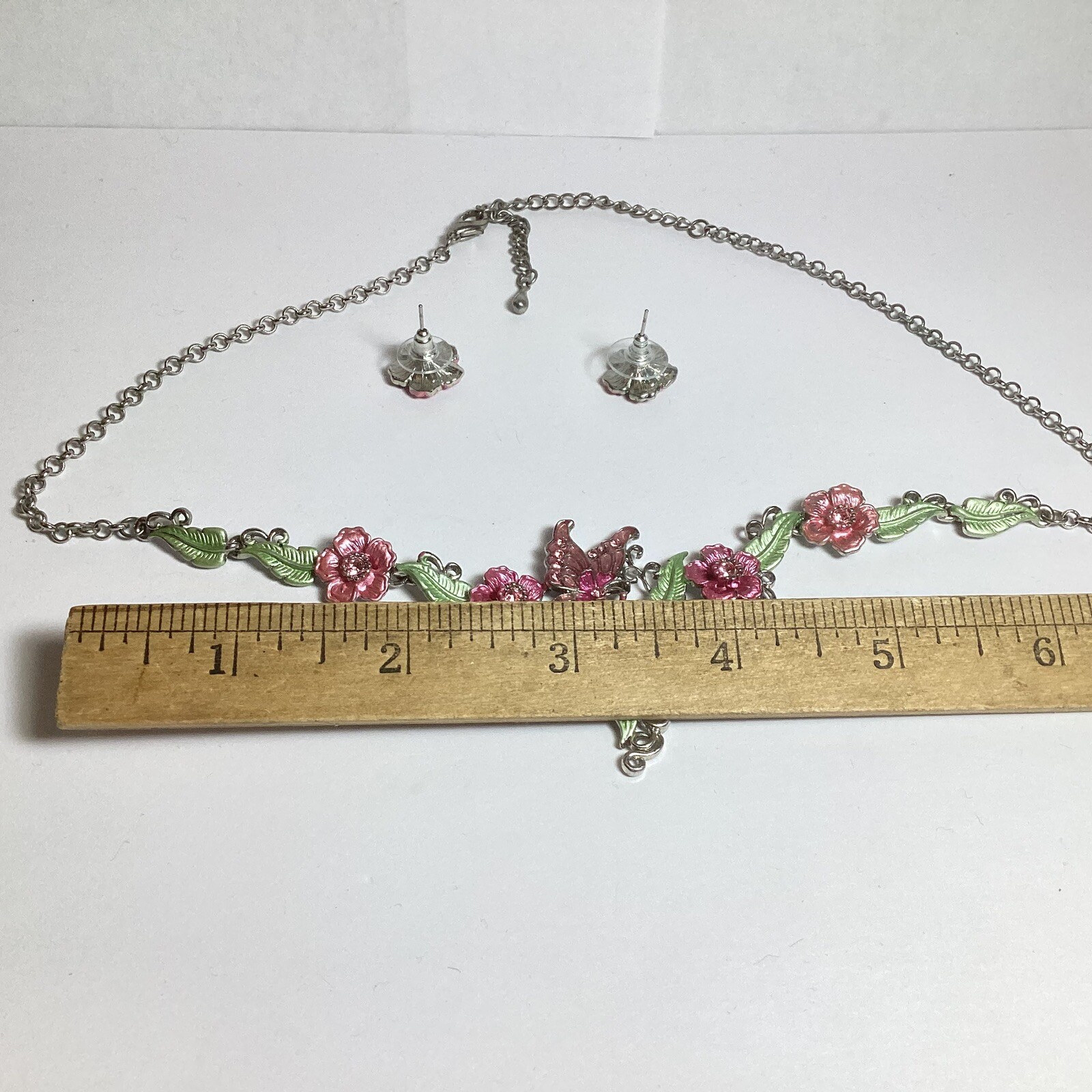 20” PINK & GREEN ENAMEL FLORAL NECKLACE & PIERCED EARRINGS SET PINK RHINESTONES