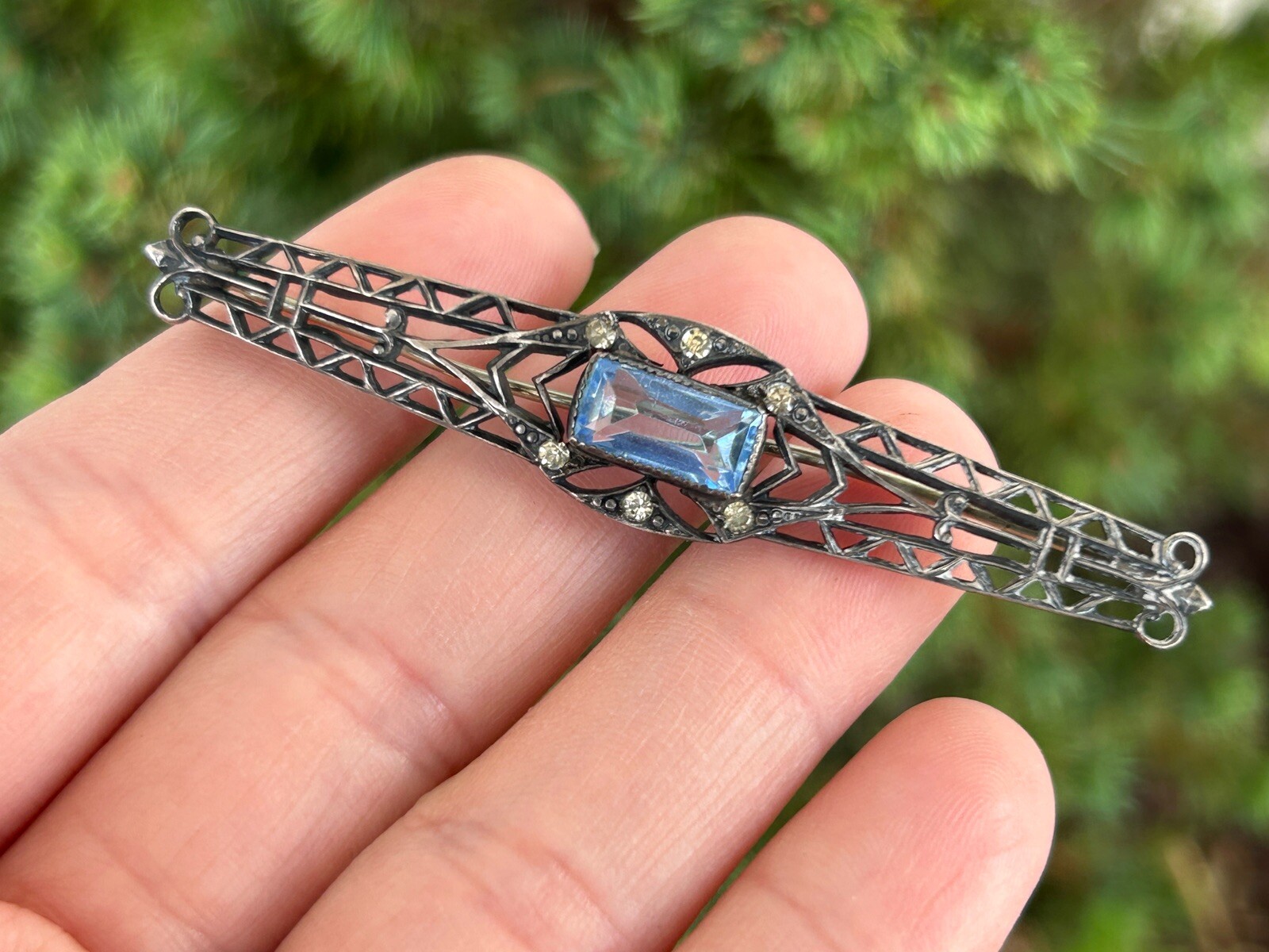 Antique Sterling Silver ART DECO Open Work Bar Brooch Blue Iolite ? & Glass