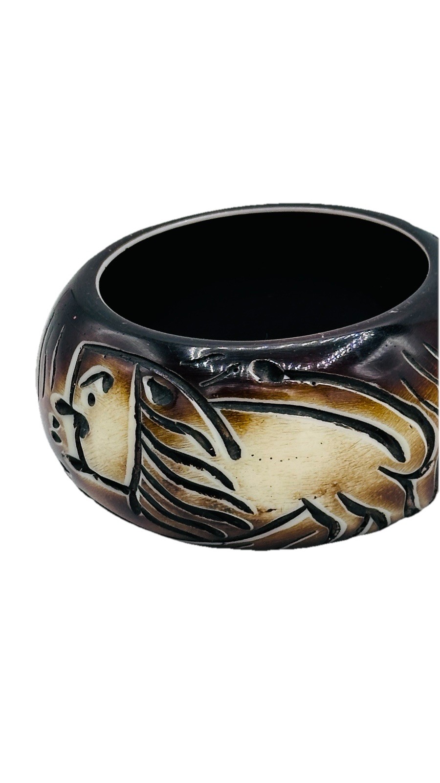 Vintage Wide Carved Bangle Bracelet Tribal Safari Animal Brown Cream Statemen