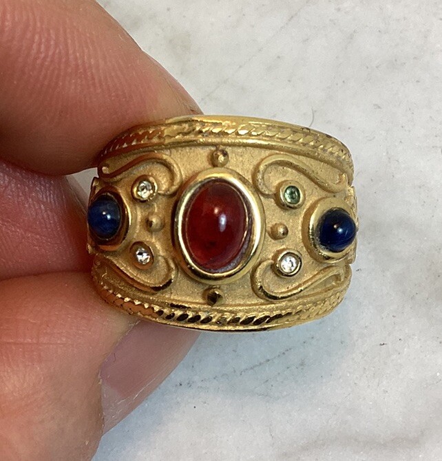 Vintage Gold Plated Byzantine Greek Faux Ruby Sapphire Peridot Ring Size 7