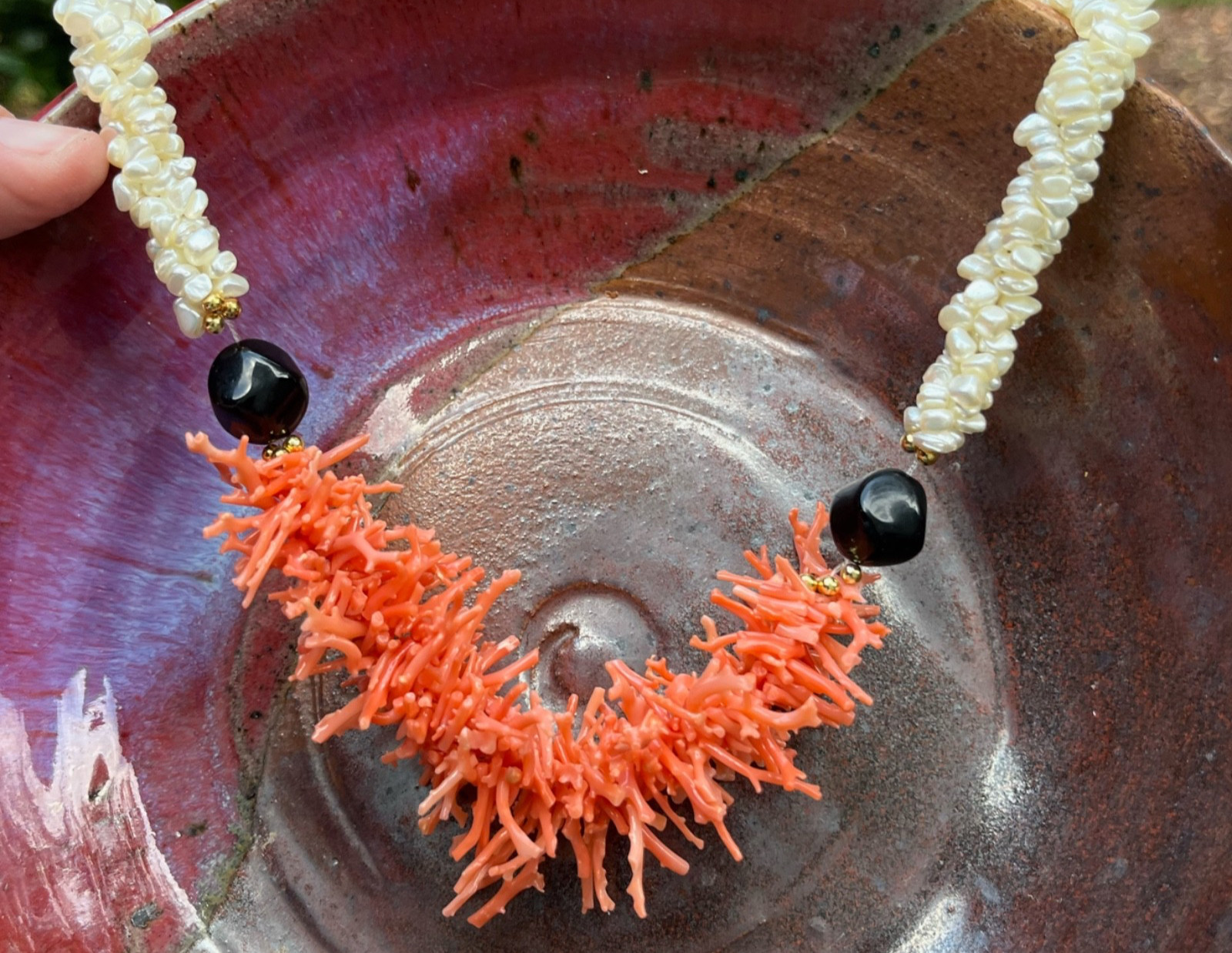 VINTAGE Faux Branch Coral & Fresh Water Pearl Cluster Statement Choker Necklace