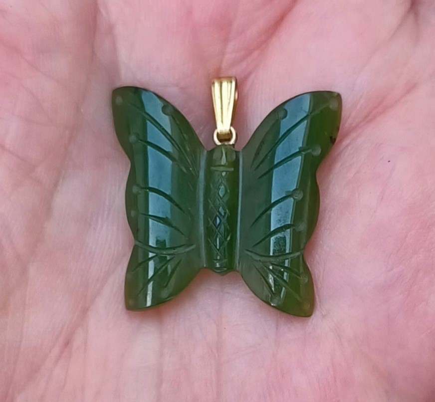 Vintage Carved Jade Butterfly Pendant 1/20 12K Gold Filled Bail