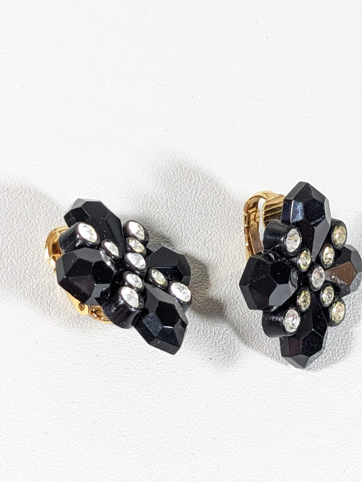 Vintage Black Acrylic Square Crystal Cross Clip On Earrings