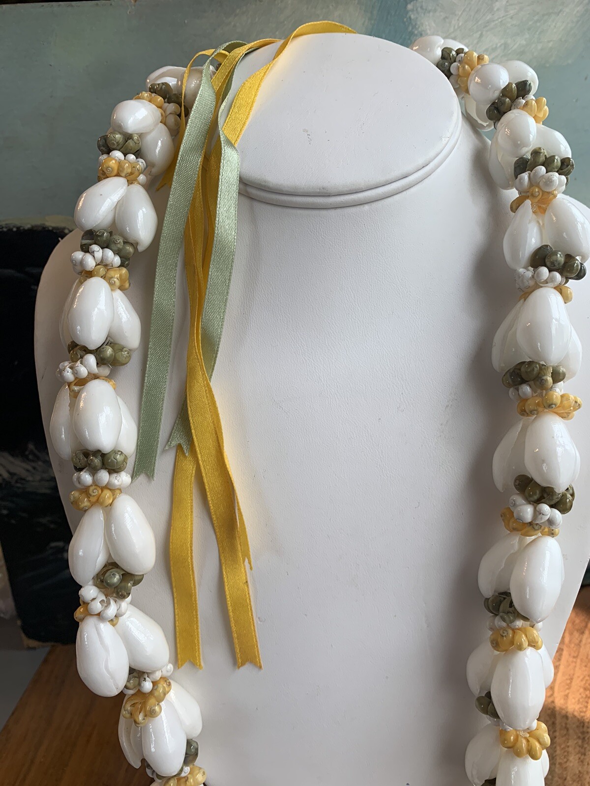 Vintage Hawaiian Shell Lei Necklace With Ribbons Handmade 26” Long-AMAZING !