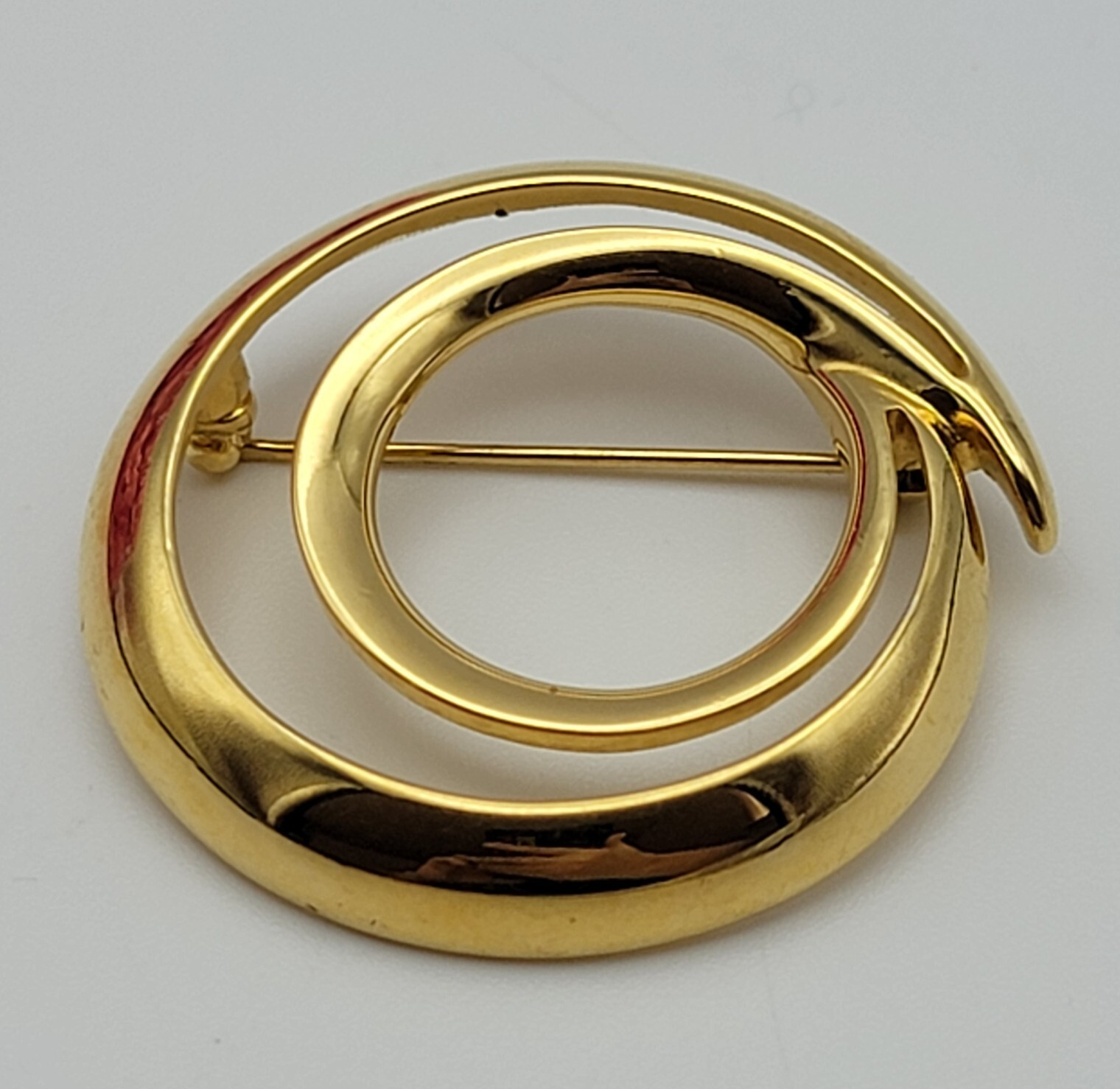 Vintage Signed MONET Gold Tone Brooch Double Circle Open Work 39 mm Modernist