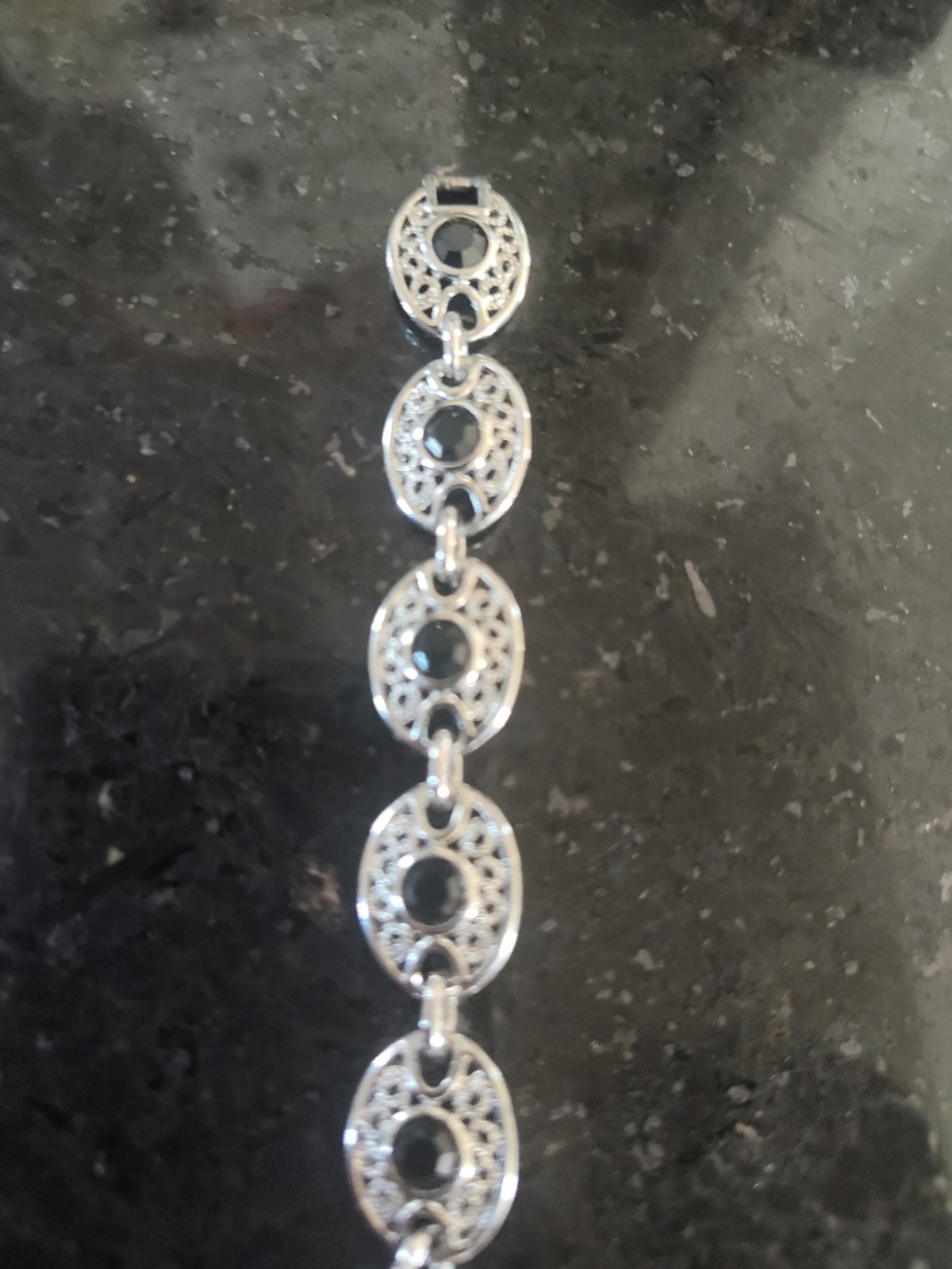 Vintage EMMONS Silver Tone Bracelet with Black Faceted Crystals 7 inches