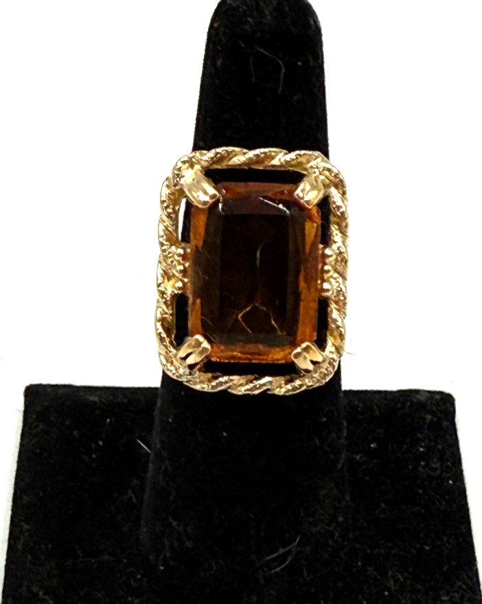 SARAH COVENTRY Ring Wild Honey Cocktail Amber Glass Gold Tone 1970 Size 6