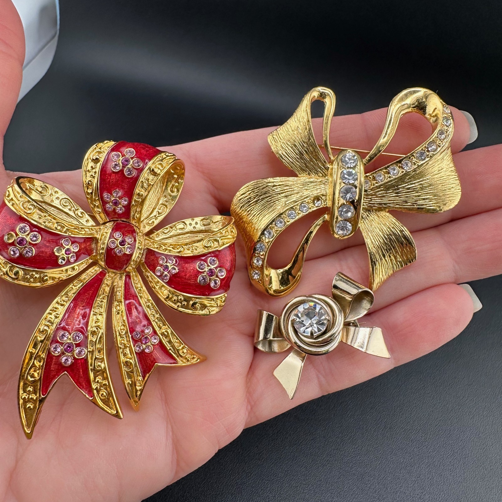 Vintage Designer Brooch Lot Ribbons Bows Rhinestone Enamel Joan Rivers Coro LR