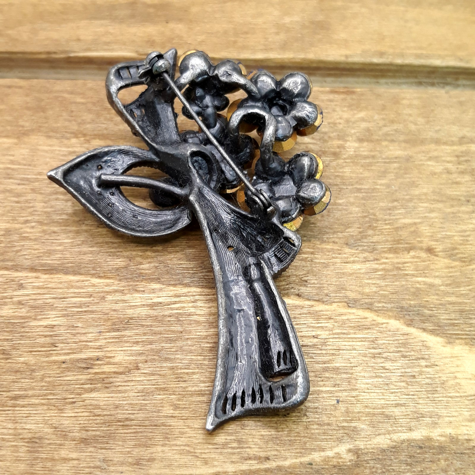 Vintage Pink & Blue Rhinestone Floral Bouquet Gunmetal Brooch 2.5″