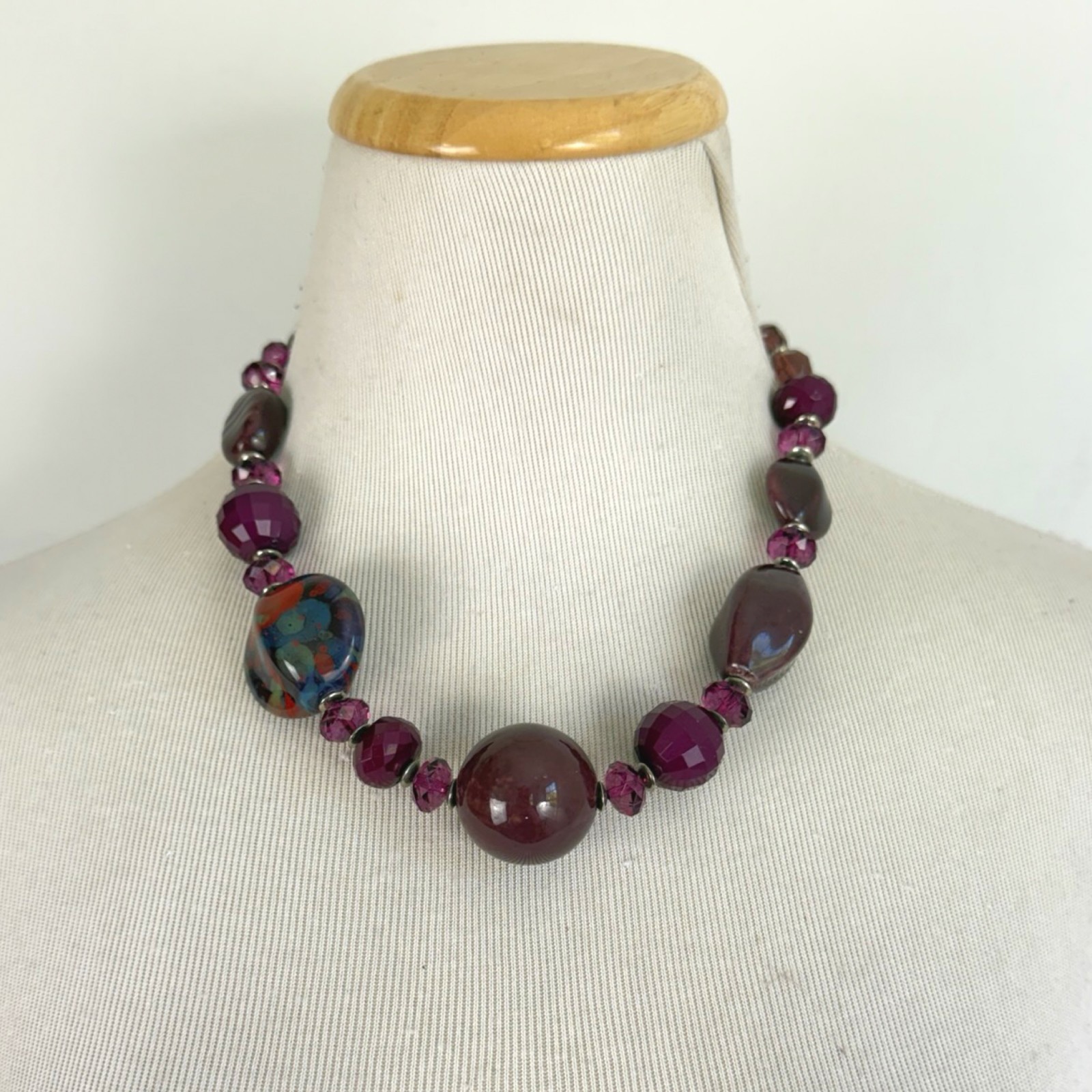 Vintage Beaded Statement Necklace: Purple Red Blue Tones Mixed Bead Design