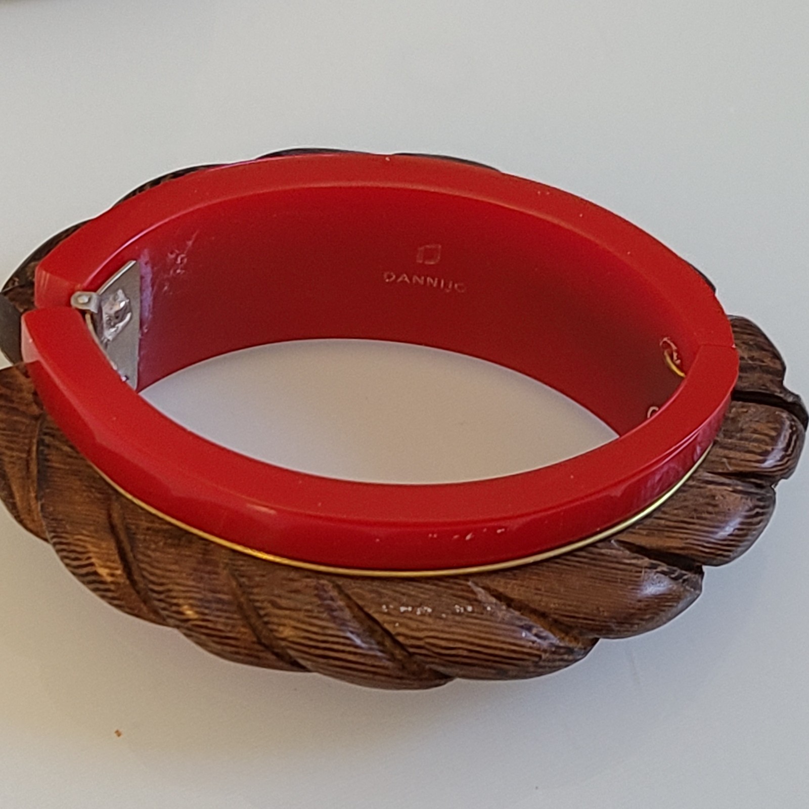 DANNIJO Vintage Carved Wood & Red Resin Hinged Bangle Bracelet Chunky Boho Cuff