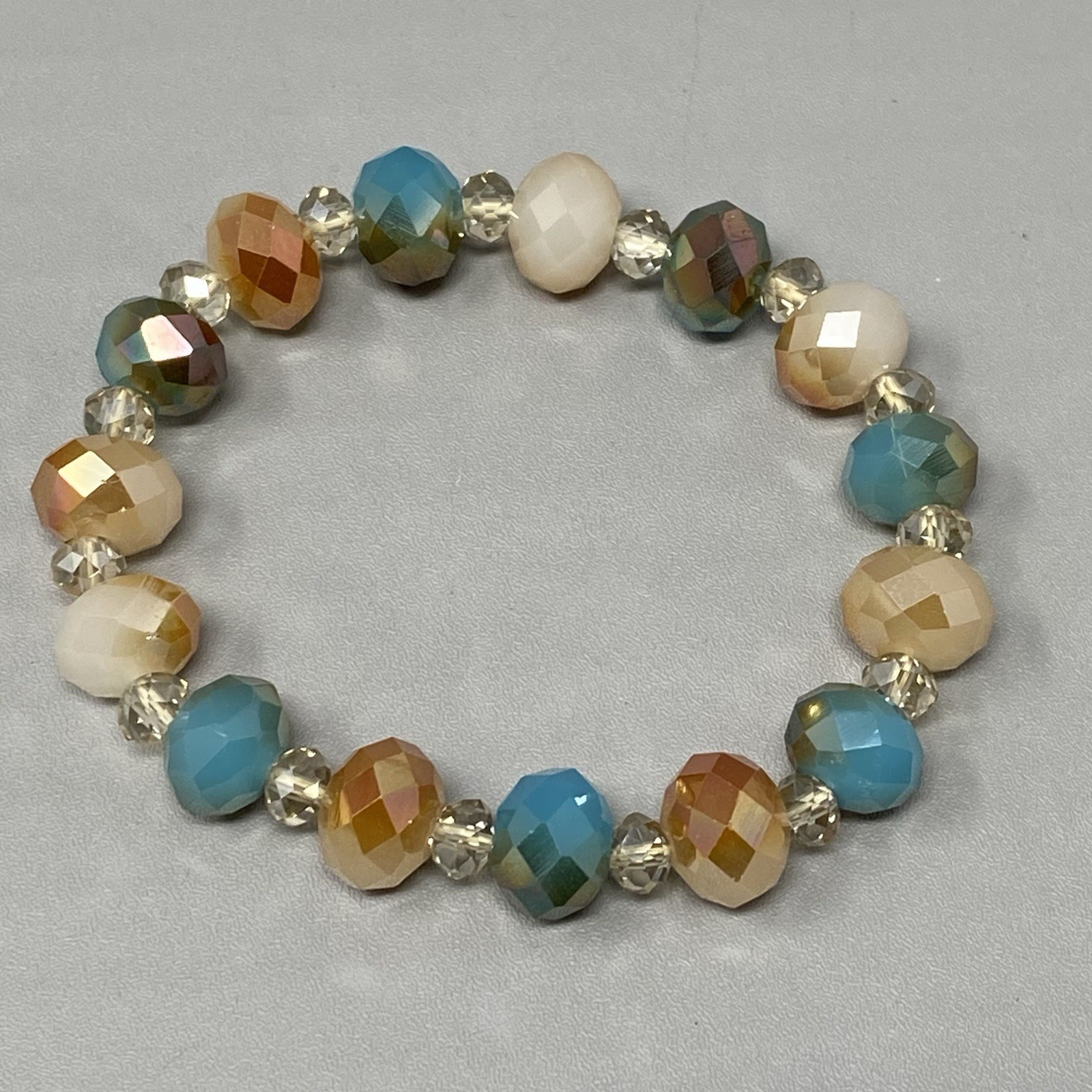 Glass Beaded Bracelet Blue Cream Gold Faceted Fire Polished Stretch Elastic 7″