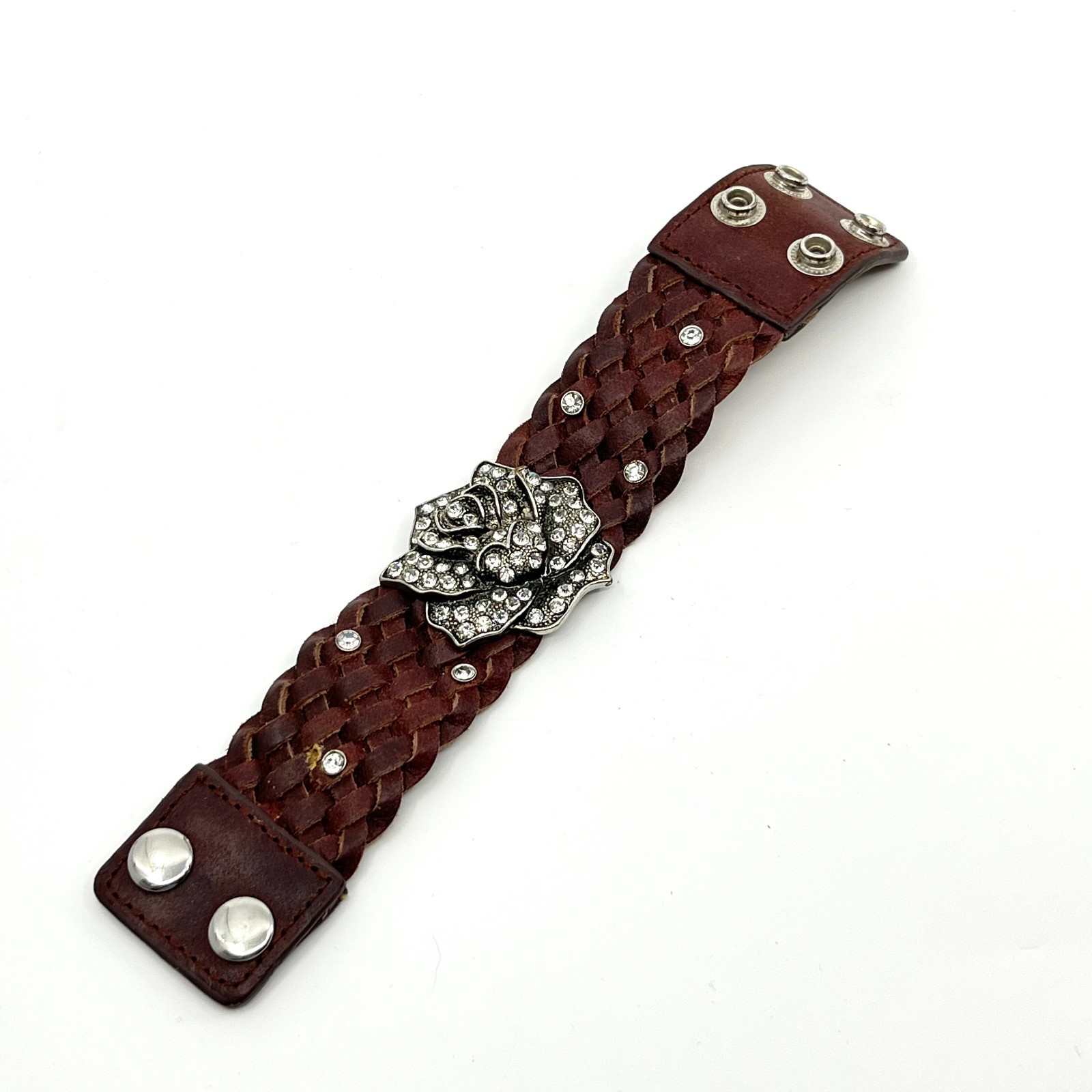 Vintage Y2K Brown Braided Leather Rhinestone Flower Cuff Bracelet Boho Retro
