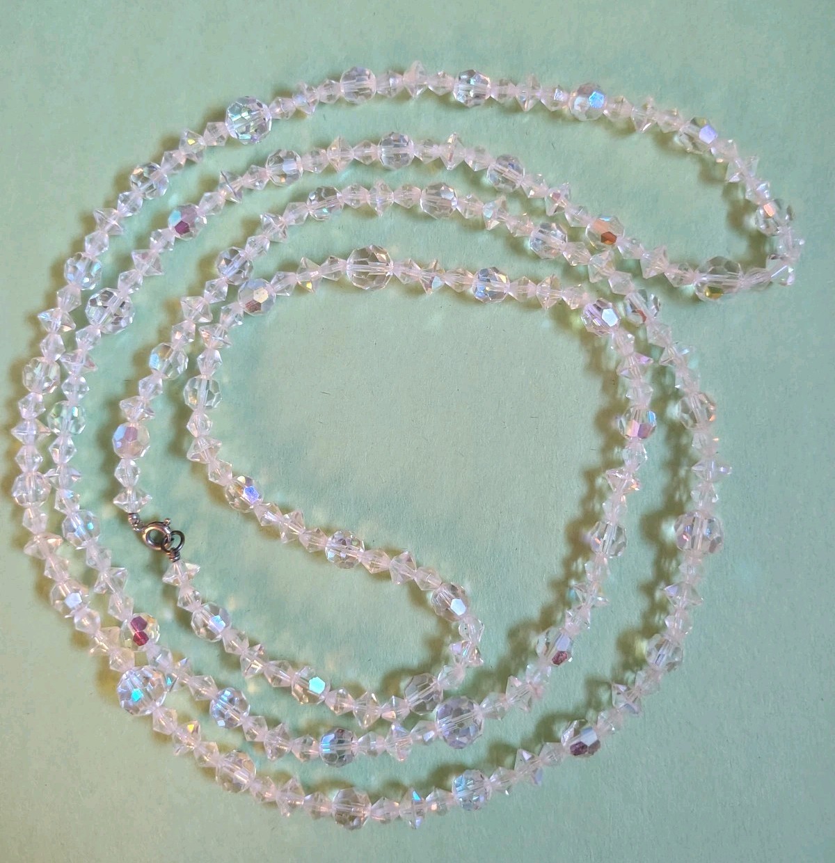 Vintage VERY LONG Faceted CLEAR CRYSTALS Beaded Chain Necklace