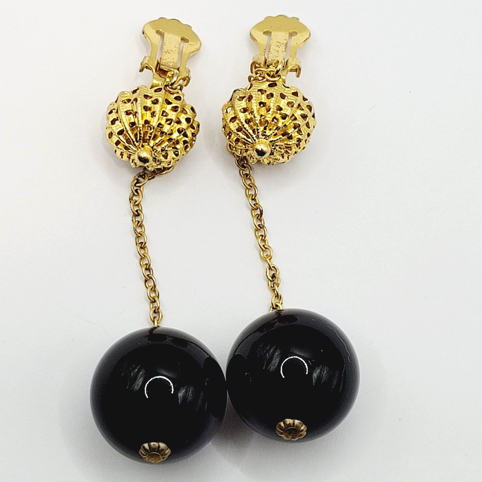 DeNicola Black Ball & Chain Long Drop Dangle Runway Gold Tone Clip On Earrings