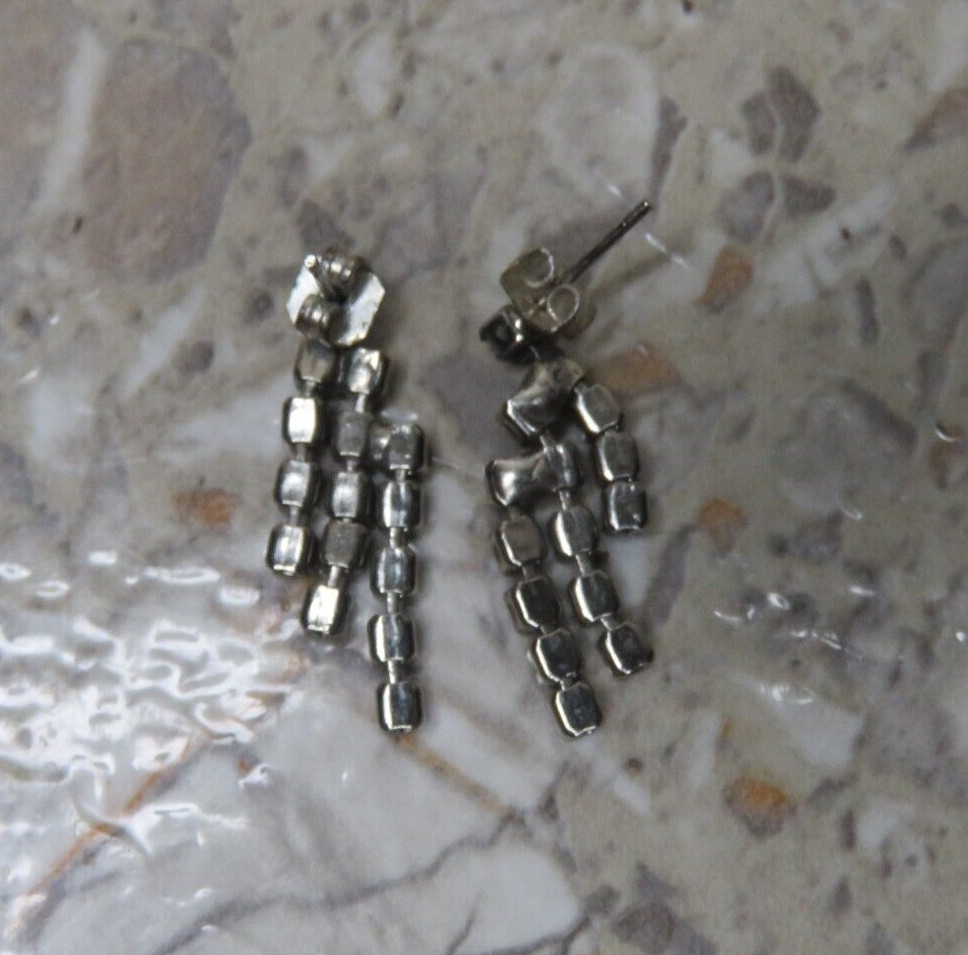 VTG Silver Rhinestone Triple Row Dangle Drop Tassel Post Pierced Earrings 1″