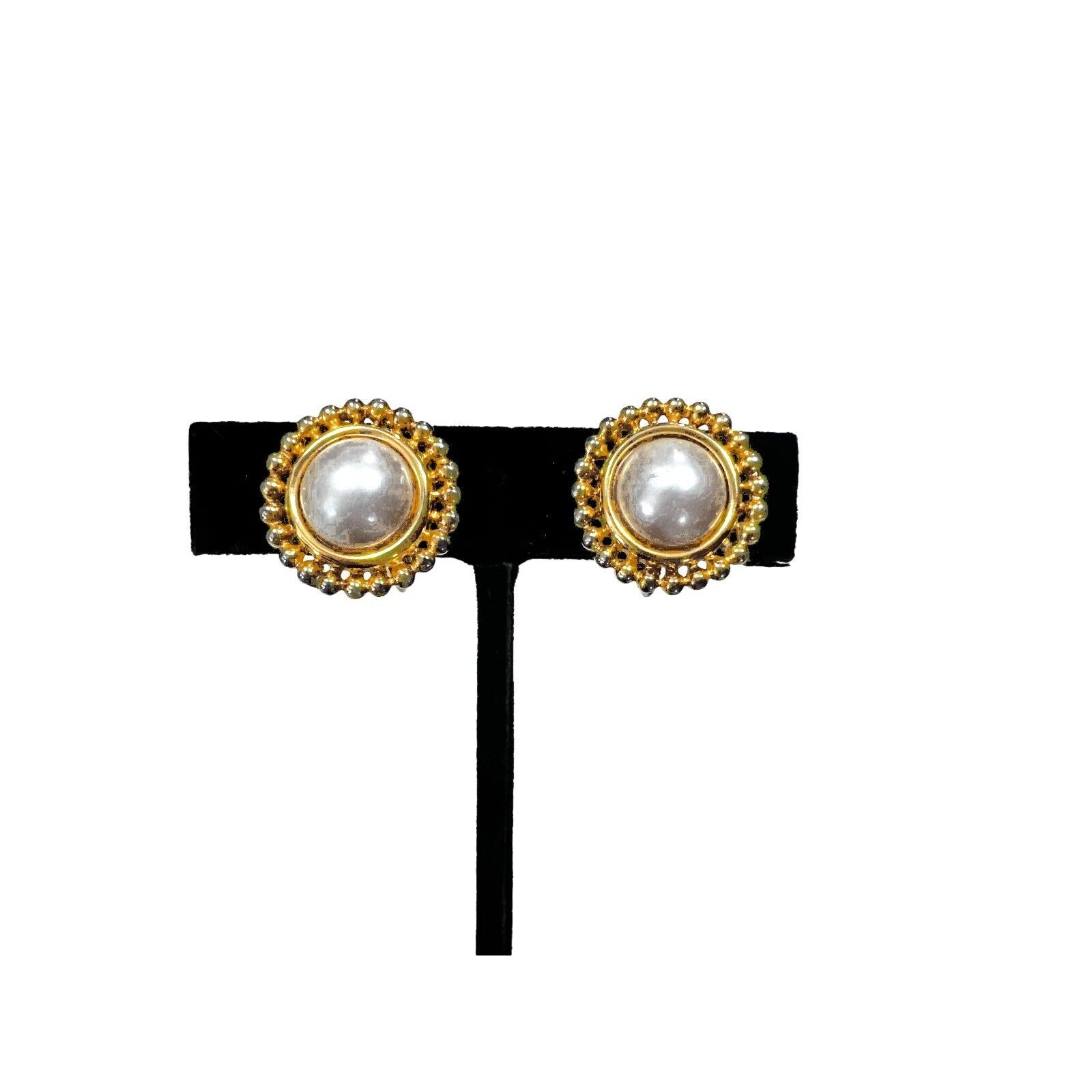 VTG Anne Klein Adjustable Clip On Earrings, Round Faux Pearl Cabochon Gold Tone