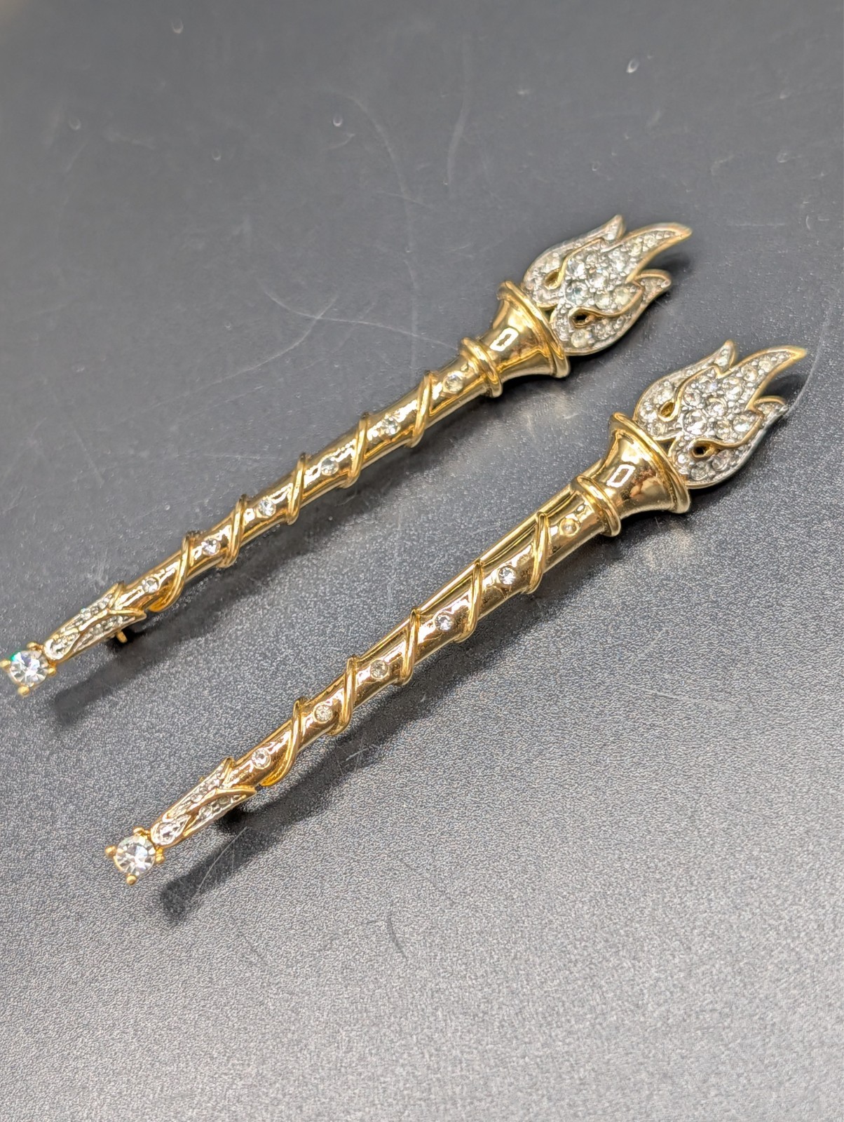 Vintage Trifari Collectibles Twin Torch Brooches Missing One Rhinestone