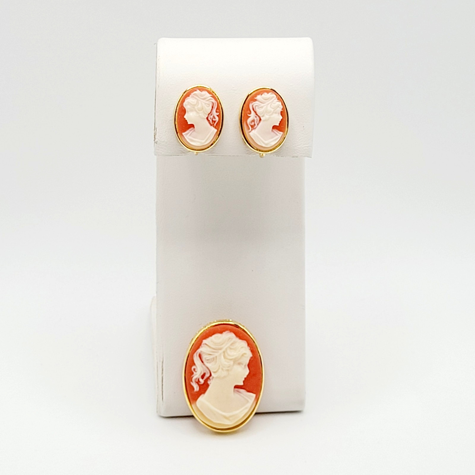 Cameo Set Resin Backed Gold Tone Open Works Frame Salmon Coral Color Revival