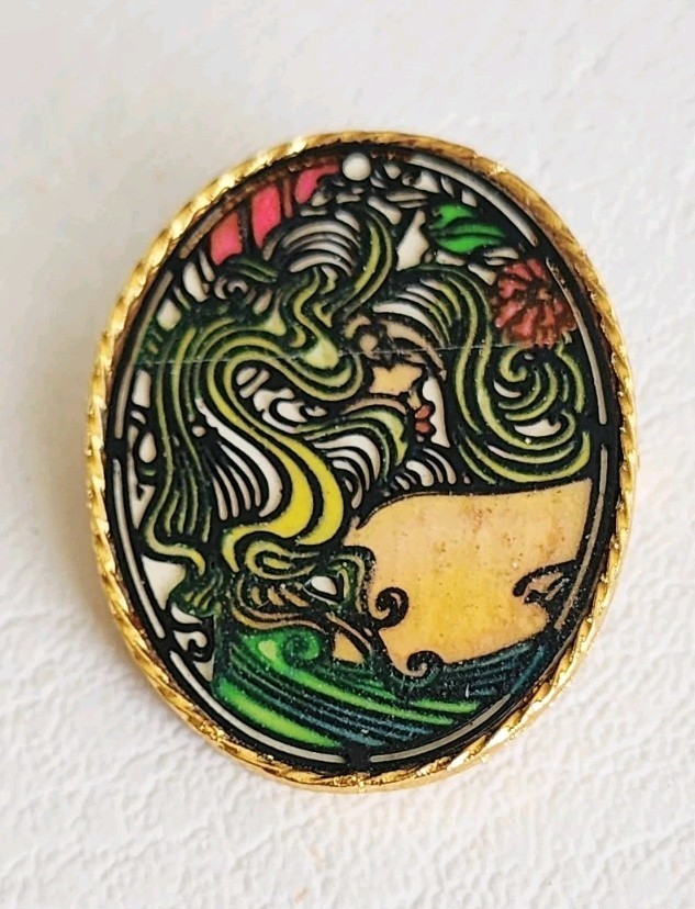 Vintage Signed Jan Max Cameo Brooch Colorful Art Noveau Style 1971