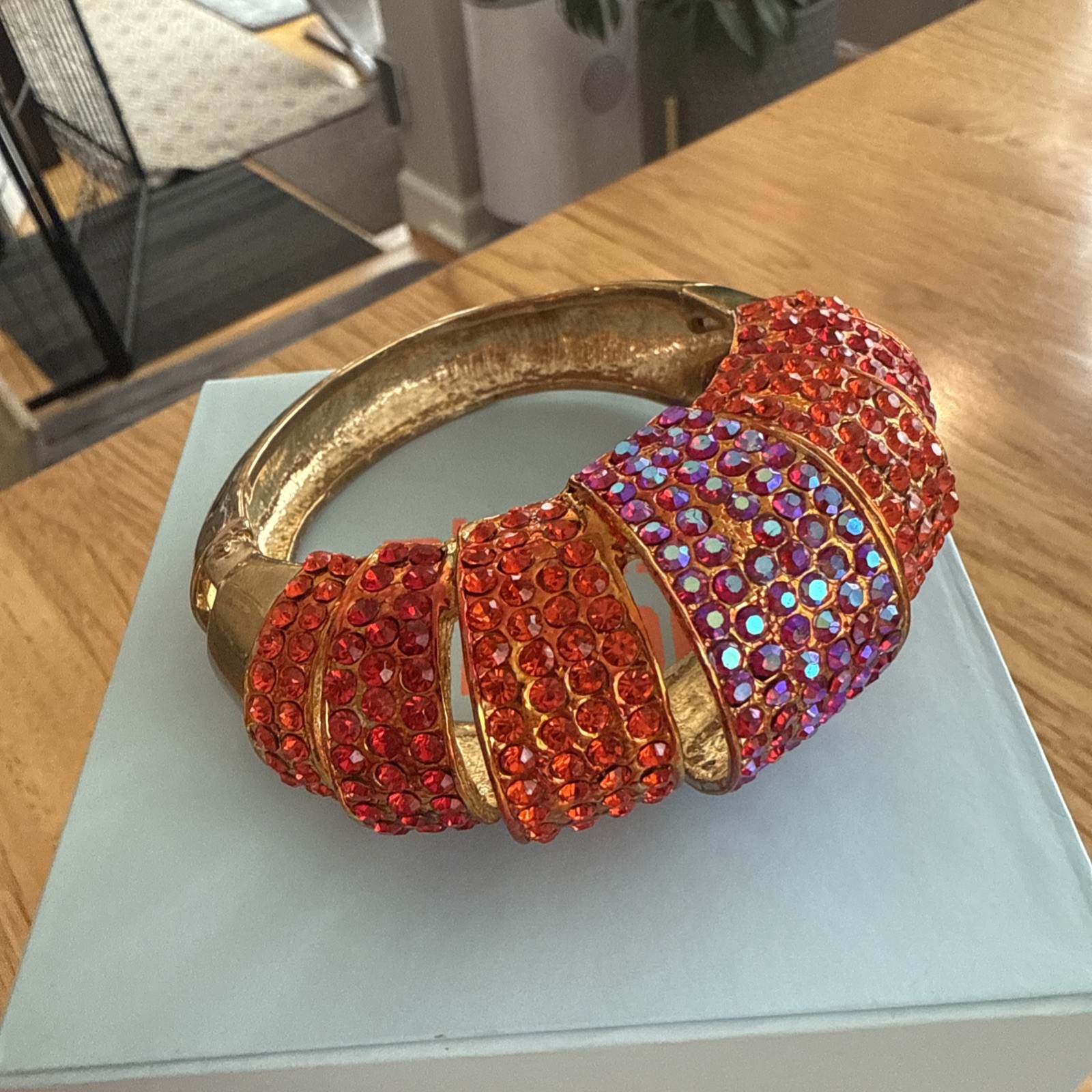 Vintage Hinged Cuff Bracelet Red Orange Fuchsia Rhinestone Crystal 1980s