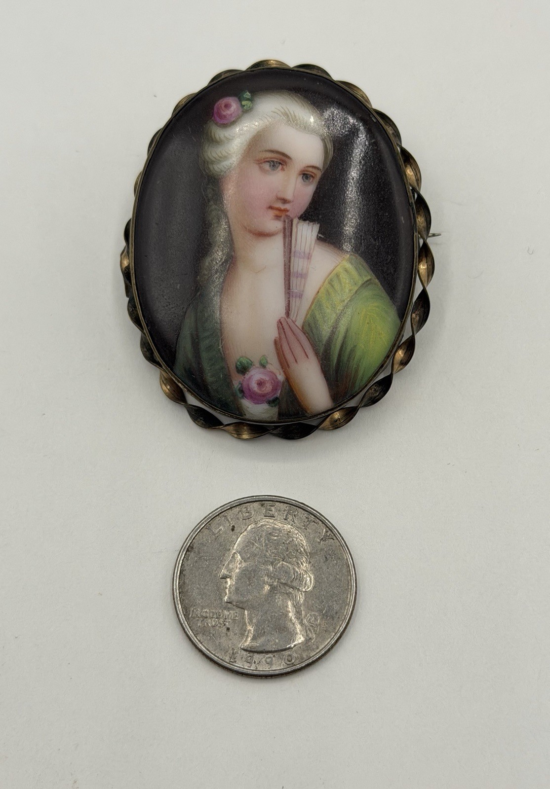 Antique Victorian Cameo Portrait Brooch Porcelain Hand Painted Pin Gold Filled
