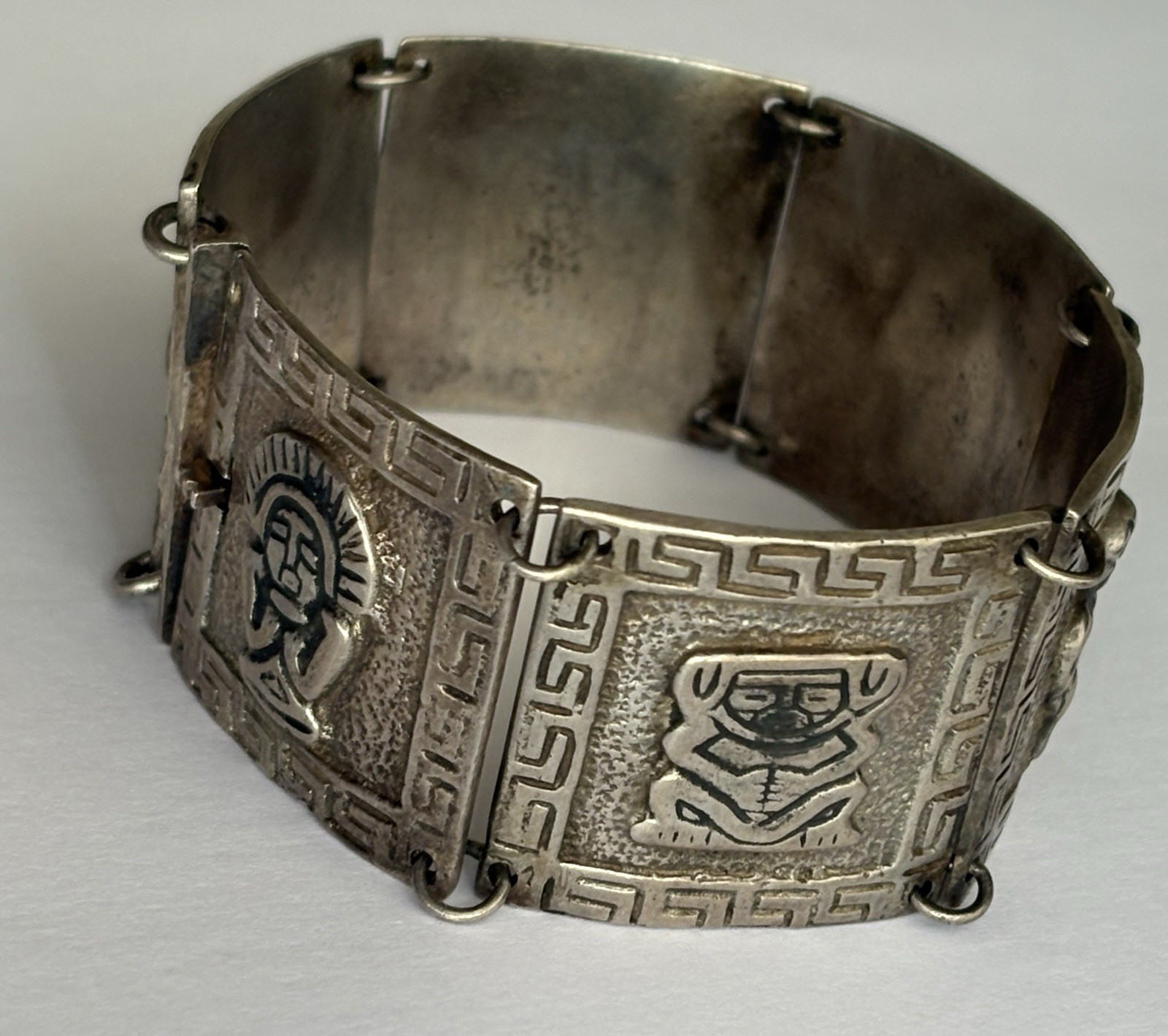 Vintage Silver Peru Panel Bracelet Ethnic Wide Heavy 7.25in 900 Plata 63.45g