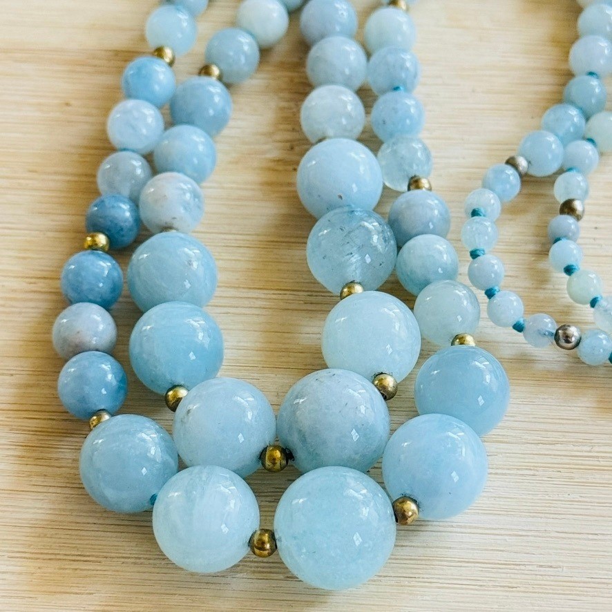 VTG AquaMarine Double strand Necklace Collar Beaded Round genuine Natural 19″