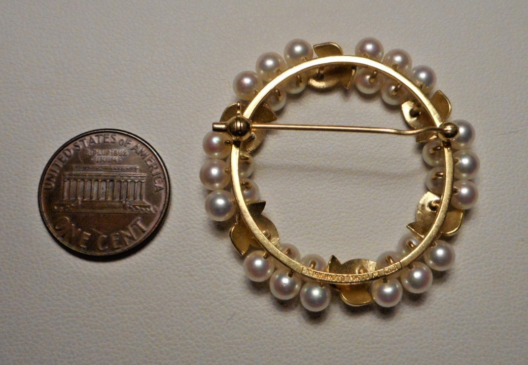 Early Signed K Mikimoto Tokyo 14K Gold Cultured Pearl Leafy Circle Brooch 10.4g