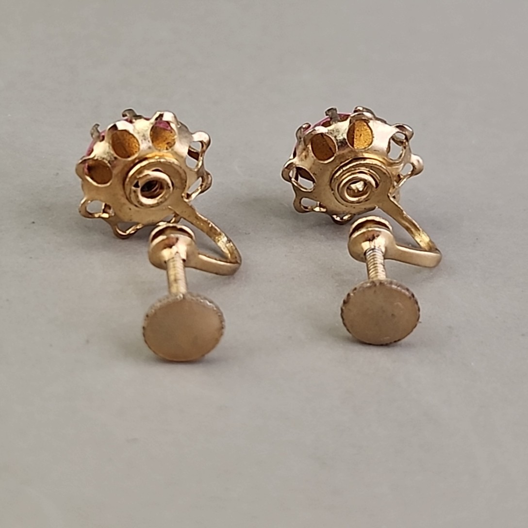 Vintage Rhinestone Screwback Earrings Pink Round Gold Tone 1cm