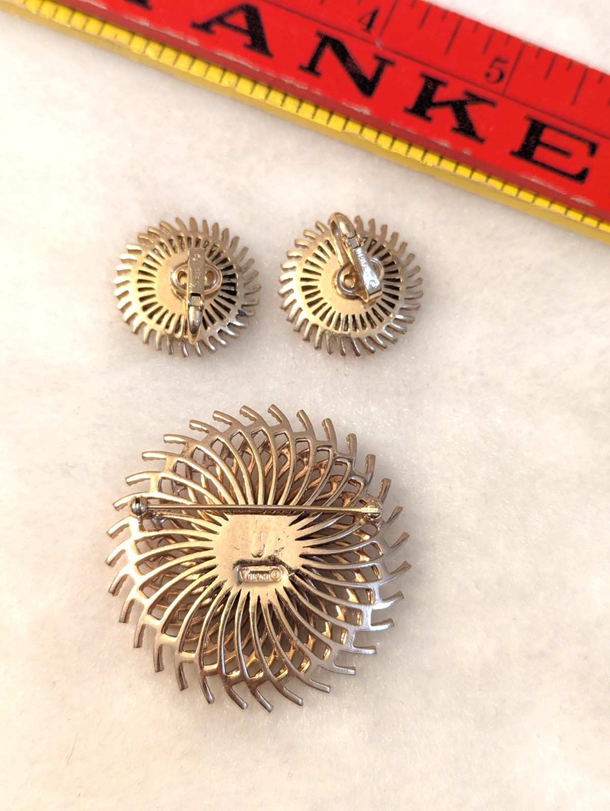 Signed Trifari Vintage Jewelry Set Gold Tone Brooch Clip Earrings Set