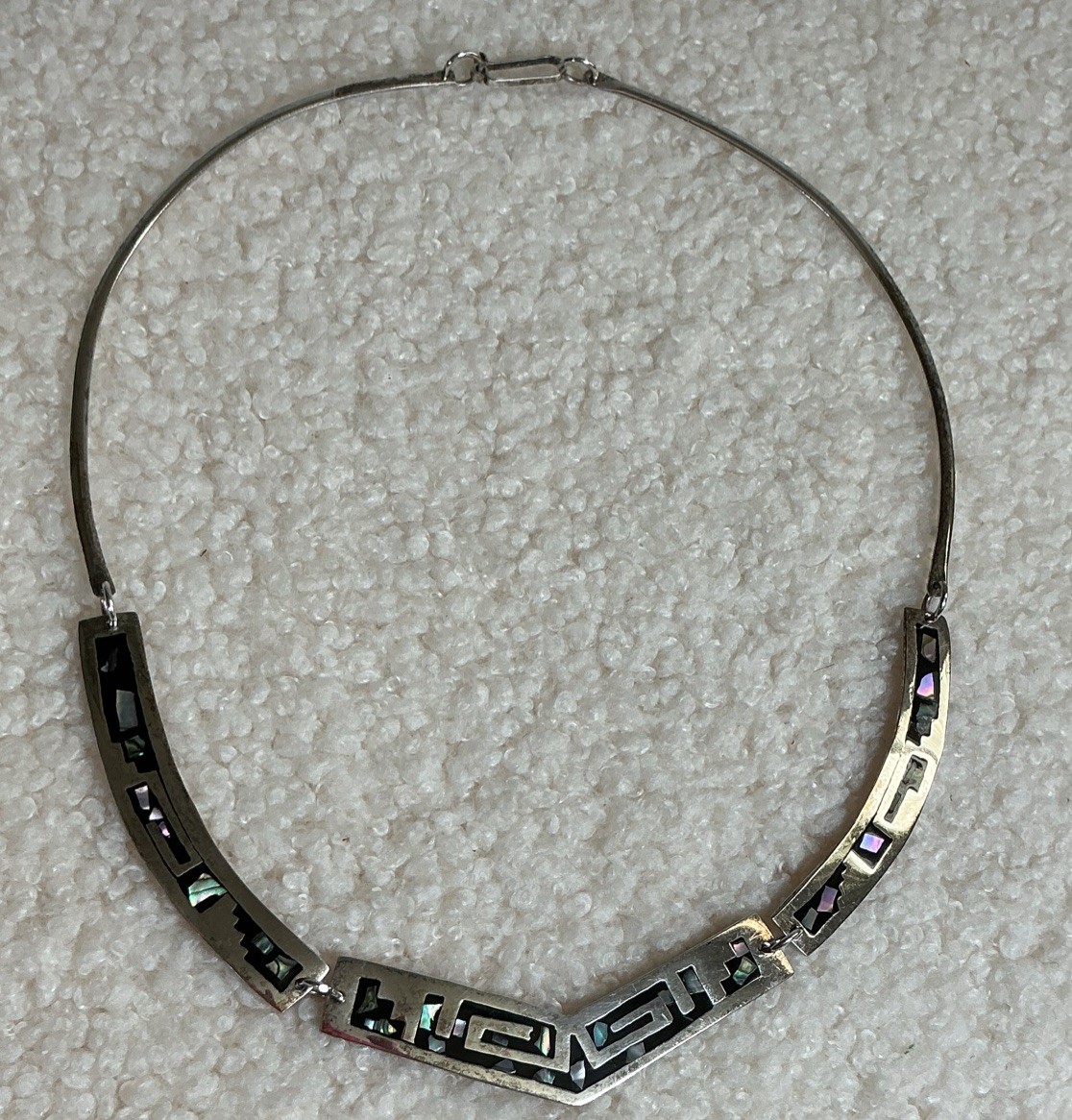 Vintage Alpaca Silver Mexico collar necklace with abalone shell inlay 16.5 in