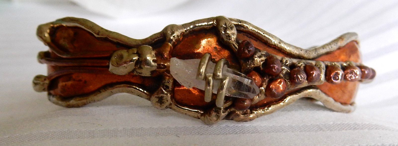 Vintage Handcrafted Copper & Silver Tone Quartz Crystal Cuff Bracelet Boho