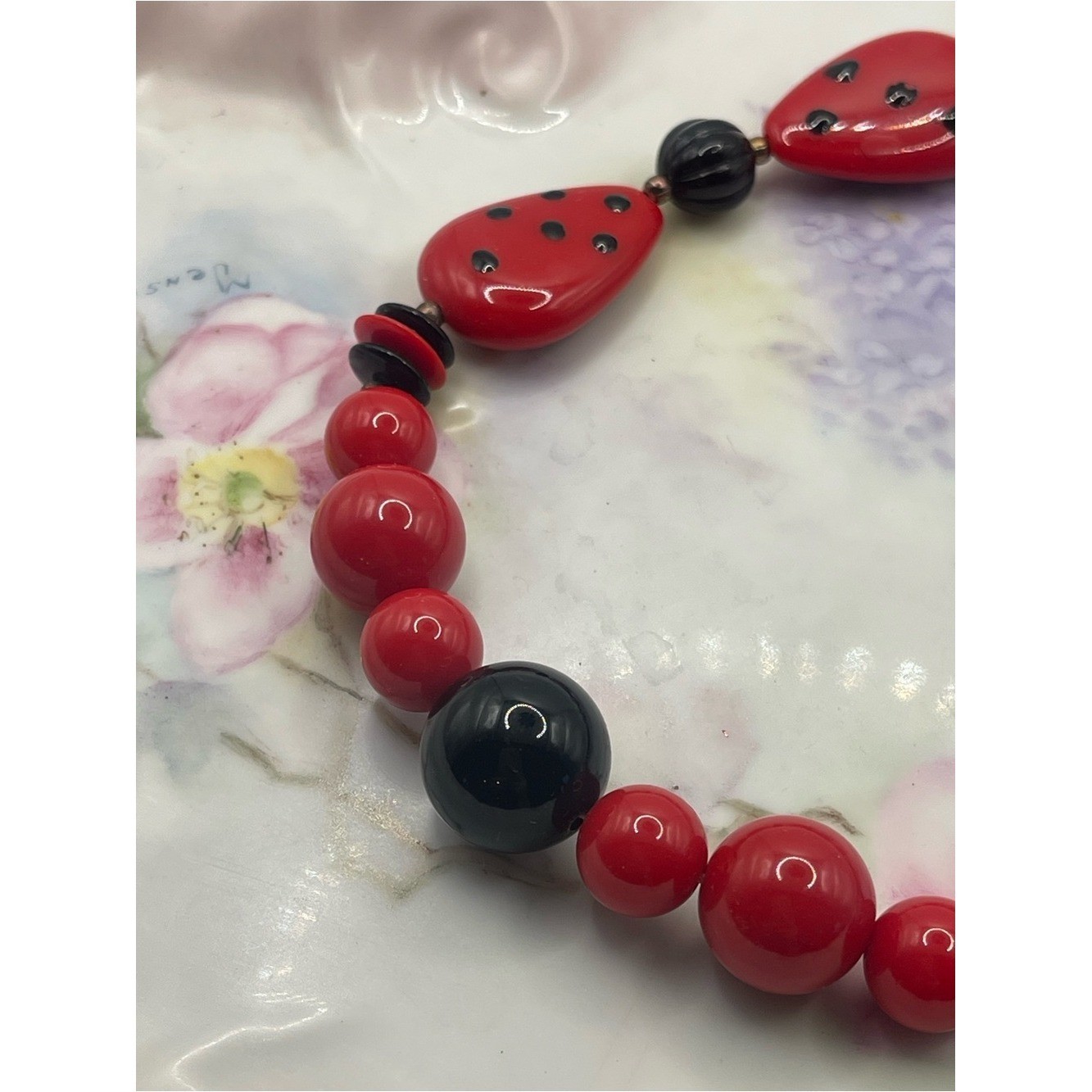 Vintage Red and Black Beaded Statement Necklace and Earrings Set