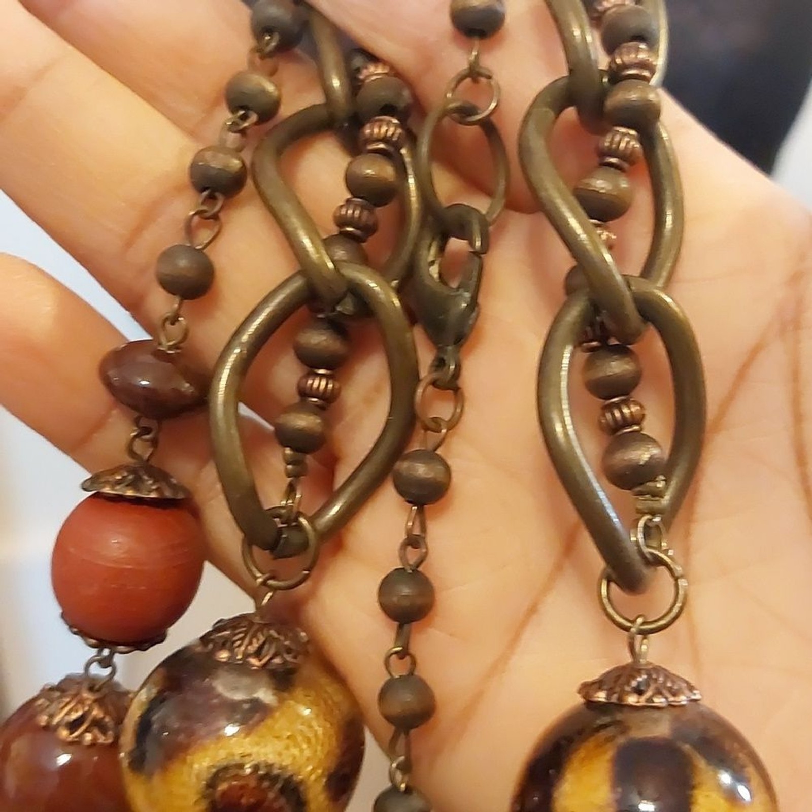 OOAK Unique Vintage Artisal Mixed Media Necklace Copper Wood Glass Ceramic