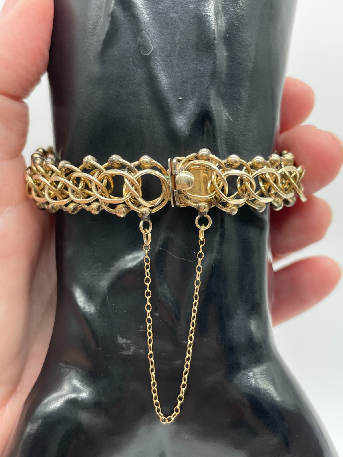 VTG 1/20 12k GF Beaded Double Link 13mm charm bracelet safety chain 6.5″